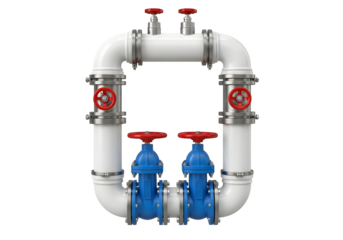 Industrial plumbing system with multiple valves and connectors against a stark backdrop isolated on transparent background