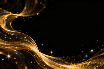 Abstract golden waves with sparkling particles on a dark background