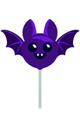 Flat vector Halloween lollipop shaped like a cute purple bat. Bright festive element perfect for banners, invitations, flyers, packaging, and spooky sweet designs