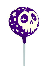 Bright blue Halloween lollipop with skull image on stick in flat vector style. Perfect for spooky festive designs, banners, flyers, invitations, and party promos.