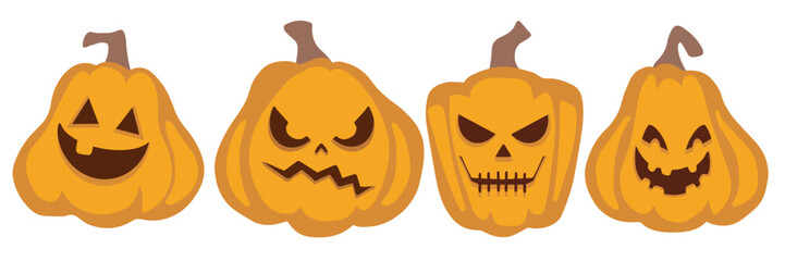 Fototapeta premium Flat vector set of four Halloween pumpkins with various emotions: funny, sad, angry, and scary. Perfect for festive designs, banners, invitations, and cards.
