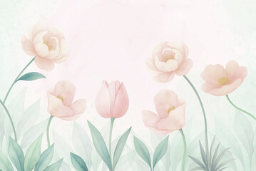 Watercolor floral background with tulips and peonies, pastel flower frame, botanical illustration, spring floral design for invitations