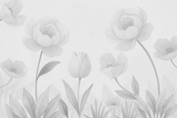 Watercolor floral background with tulips and peonies, pastel flower frame, botanical illustration, spring floral design for invitations