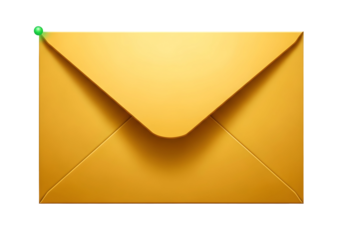 Closed yellow paper envelope with green pin attached to top left corner isolated on transparent background