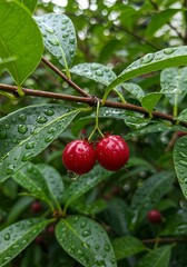 Fototapeta premium Lush Red Berries with Raindrops on Green Leaves: Freshness, Nature, and Vibrant Color