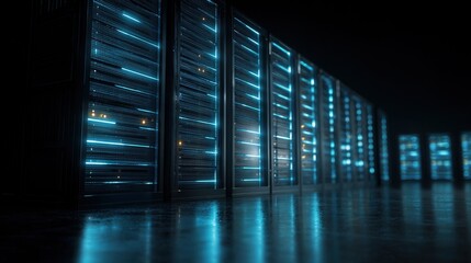 cables. Close-up view of illuminated server components in a data center with cool blue lighting. product launch decks, UI/UX mockups, designed for data visualization dashboards and holographic UIs.