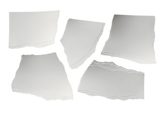 Scattered rough edged white paper scraps pieces isolated on a simple background surface isolated on transparent background