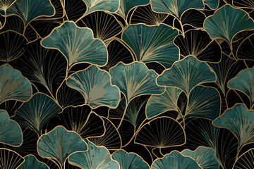 Elegant ginkgo biloba leaf pattern with gold outline on black background