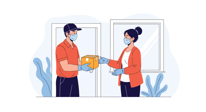 A delivery person hands a package to a customer wearing a mask and gloves during a pandemic.
