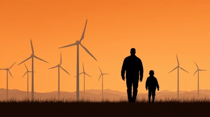 Silhouette of Parent and Child Walking Together at Sunset Near Wind Turbines in a Scenic Landscape with Orange Sky and Mountains in the Background
