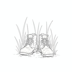 Detailed line art of sturdy outdoor boots with tied laces, resting in natural grass, symbolizing a peaceful pause on an adventurous nature walk