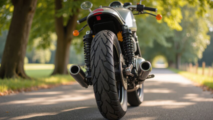 Naklejka premium Sleek motorcycle parked on tree lined road, showcasing its powerful rear tire and exhaust. scene evokes sense of freedom and adventure