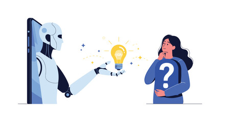Naklejka premium Artificial intelligence assisting a woman in finding an innovative solution for a complex problem.