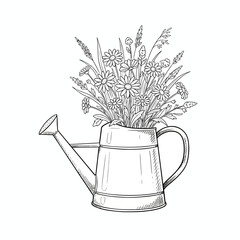 Black and white sketch of a charming rustic watering can filled with a beautiful bouquet of wild daisies and various meadow flowers, capturing the simple elegance of nature