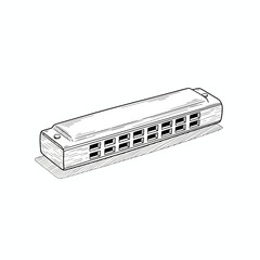 Minimalist line art illustration of a classic harmonica, a popular musical wind instrument, perfect for designs celebrating music, hobbies, performance, and creative artistic themes