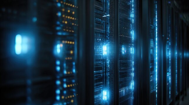 cables. Close-up view of illuminated server components in a data center with cool blue lighting. product launch decks, UI/UX mockups, designed for data visualization dashboards and holographic UIs.
