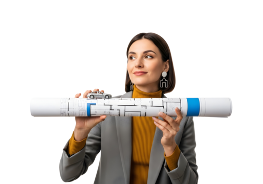 Architectural Vision Woman Holding House Blueprint Plan with Car Future Dream Home Design Property Investment Planning Real Estate Building Concept