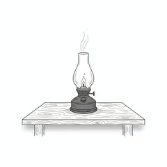 Hand-drawn vintage oil lamp, its lit wick gently smoking, resting on a rustic wooden shelf. Classic illumination in a detailed sketch