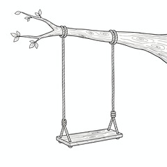 Classic wooden swing illustration. Hand-drawn line art depicting a simple swing tied to a tree branch, symbolizing childhood, freedom, and the peaceful joy of nature