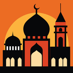 Minimalist islamic mosque dome and minaret silhouette for architectural or cultural designs