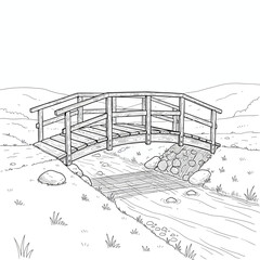 Charming wooden bridge spanning a winding stream in a serene natural landscape, with rolling hills in the background, ideal for a tranquil coloring book scene or a peaceful outdoor illustration