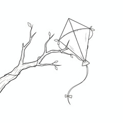 Line art illustration showing a kite tangled in tree branches, symbolizing childhood play, unexpected challenges, and a quiet moment in nature