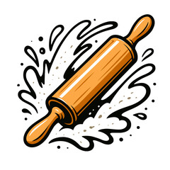 Cartoon rolling pin splashing in flour in bold retro style with warm tones for baking, pastry, and kitchen humor concepts