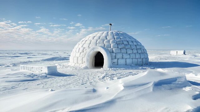 Bright morning over a handmade igloo on pristine snow, cozy Arctic architecture scene crafted for winter travel stories and adventure brands.