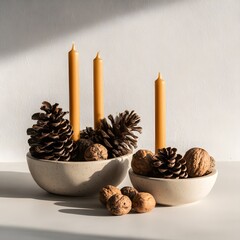 A minimalist Thanksgiving centerpiece with pinecones, walnuts, and orange candles placed in simple ceramic bowls, neutral background, airy composition, 