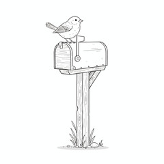 Minimalist Line Art Drawing of a Cute Small Bird Perched on a Classic Mailbox, Symbolizing Anticipation, Nature's Presence, and Simple Communication in a Whimsical Style
