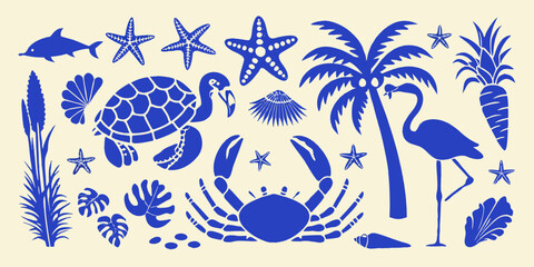 Collection of blue tropical beach and ocean life silhouettes on a cream background