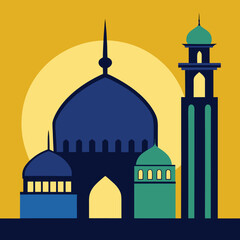 Minimalist islamic mosque silhouette featuring a dome and a tall minaret against a clean background