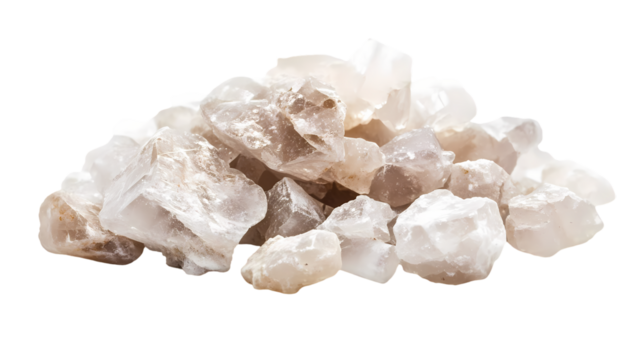 A cluster of white crystals sits Isolated transparent on white background