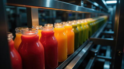 Freshly bottled juices in vibrant colors line production line, showcasing variety of flavors and freshness