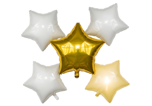Golden star balloon surrounded by white star balloons for celebration and festive occasions isolated on transparent background