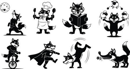 Fototapeta premium Funny fox cartoon silhouettes, chef costume, superhero, juggling sheep, unicycle, reading book, handstand, howling at moon, whimsical animal character illustration