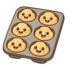Happy cartoon muffins in baking tray in kawaii style with soft colors for children’s cooking themes and food illustrations