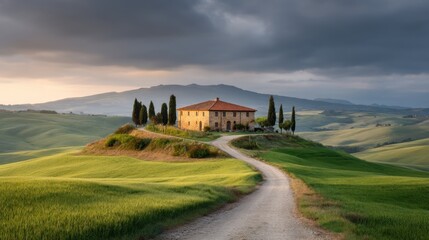 Fototapeta premium Serene rural landscape featuring a charming yellow farmhouse surrounded by rolling green hills and cypress trees under a dramatic cloudy sky