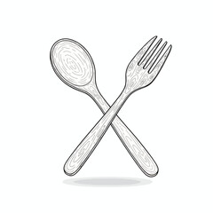 Stylized cross-hatched illustration of wooden dining utensils, a spoon and fork, symbolizing essential kitchenware, culinary arts, and meal preparation on an isolated white background