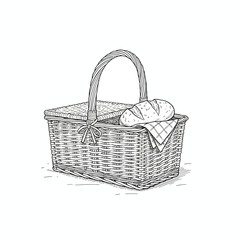 Classic Hand-Drawn Wicker Picnic Basket with Fresh Loaf of Bread and Checkered Cloth, Perfect for Outdoor Summer Gatherings and Relaxing Leisure Activities
