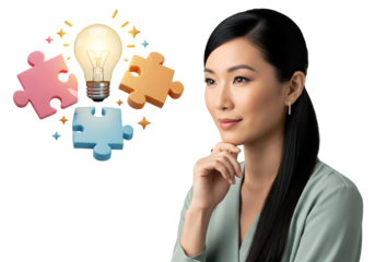 Businesswoman Innovation Ideas Concept with Lightbulb and Puzzle Pieces Leadership Strategy Inspiration Mindset Connection Solution Creativity Thinking
