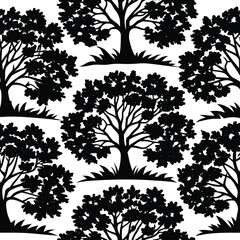 Seamless black and white oak forest pattern with natural textures and woodland elements