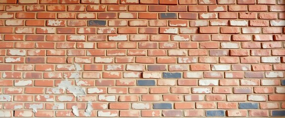 Fototapeta premium Weathered brick wall, crumbling plaster, exposed brick, aged texture, historical, grungy