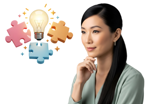 Businesswoman Innovation Ideas Concept with Lightbulb and Puzzle Pieces Leadership Strategy Inspiration Mindset Connection Solution Creativity Thinking