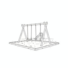 Simple line art illustration of an outdoor playground featuring a classic wooden swing set and a slide, capturing the essence of childhood fun and recreation in a park