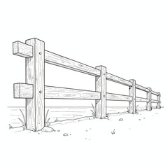 Detailed line art illustration showcasing a classic wooden fence, extending into the distance, perfect for outlining boundaries in a serene countryside landscape