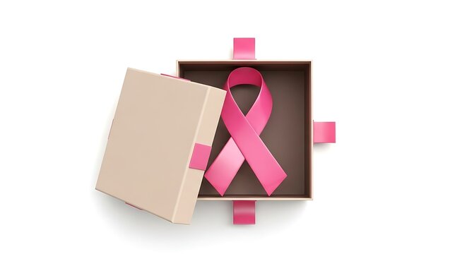 Pink ribbon inside an open gift box symbolizing breast cancer awareness and support on a clean white background