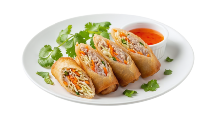 Delicious spring rolls isolated on transparent background, served with sweet chili sauce and fresh cilantro on a white plate, a popular asian appetizer
