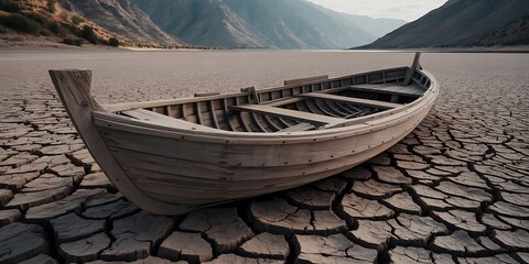 Abandoned wooden boat rests on cracked dry earth under a vast sky, ai-generated