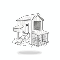 A delightful illustration of a classic wooden chicken coop with chickens enjoying their outdoor enclosure and nesting box, perfect for farm or rural themes